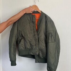 Olive Green Bomber Jacket with Orange Lining